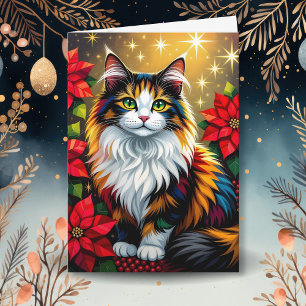 Cartes Pour Fêtes Annuelles Chat calicot avec poinsettias Noël personnalisé