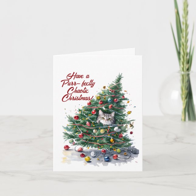 Cartes Pour Fêtes Annuelles Chat Chaos Arbre de Noël Design Aquarelle (Devant)