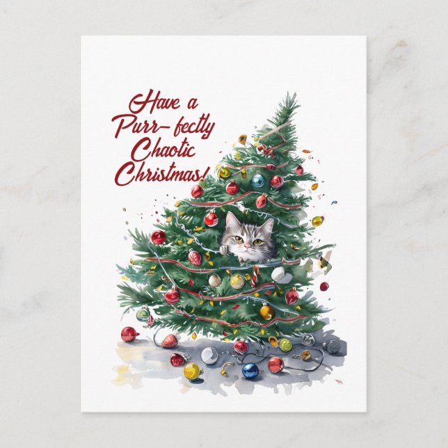 Cartes Pour Fêtes Annuelles Chat Chaos Arbre de Noël Design Aquarelle (Devant)