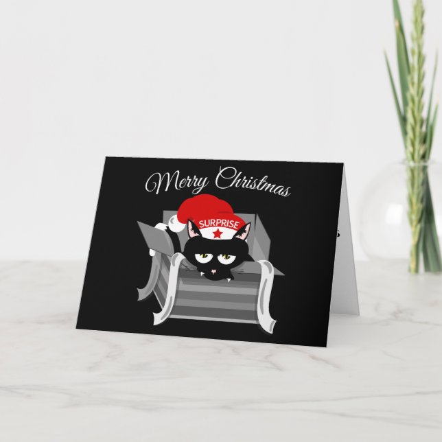 Cartes Pour Fêtes Annuelles Chat dans une boîte Noël drôle (Devant)