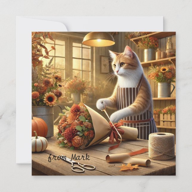Cartes Pour Fêtes Annuelles Chat d'automne aux fleurs - Saison d'automne (Devant)