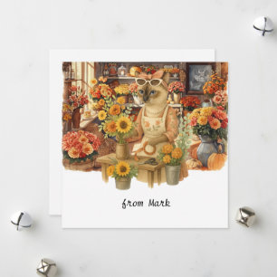Cartes Pour Fêtes Annuelles Chat d'automne aux fleurs - Saison d'automne