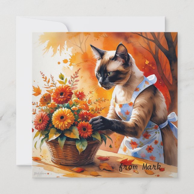 Cartes Pour Fêtes Annuelles Chat d'automne aux fleurs - Saison d'automne (Devant)