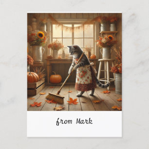 Cartes Pour Fêtes Annuelles Chat d'automne aux fleurs - Saison d'automne
