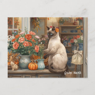Cartes Pour Fêtes Annuelles Chat d'automne aux fleurs - Thanksgiving d'automne