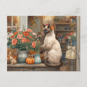 Cartes Pour Fêtes Annuelles Chat d'automne aux fleurs - Thanksgiving d'automne