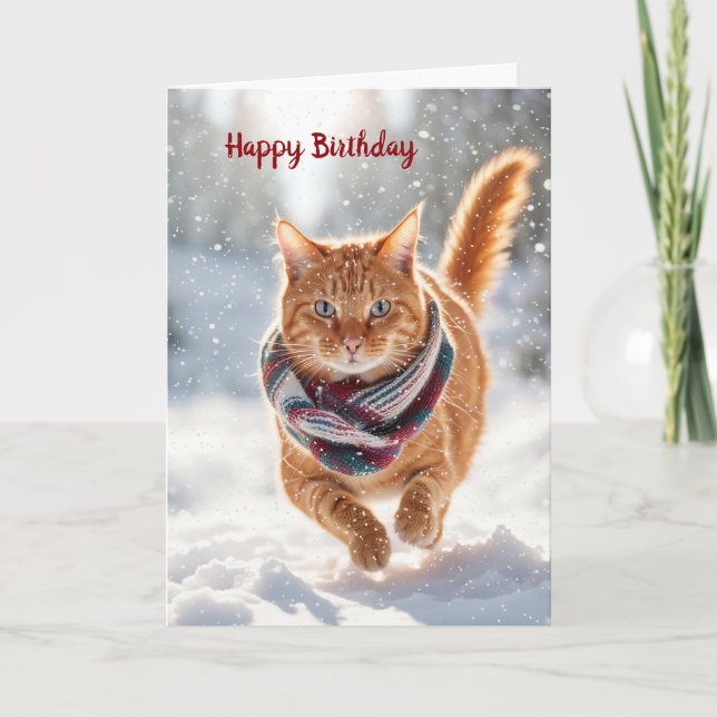 Cartes Pour Fêtes Annuelles Chat De Gingembre Anniversaire Dans Les Snowflakes (Devant)