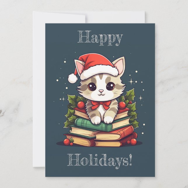 Cartes Pour Fêtes Annuelles Chat de livre de vacances (Devant)