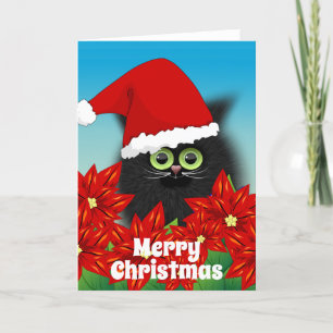 Cartes Pour Fêtes Annuelles Chat de Noël à Santa Hat Amid Poinsettia
