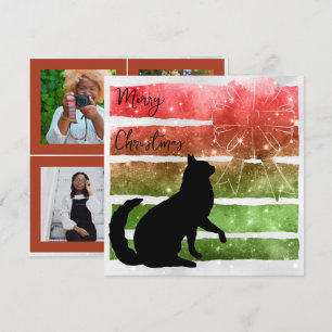 Cartes Pour Fêtes Annuelles Chat de Noël, bandes pétillantes rouge & vert plat