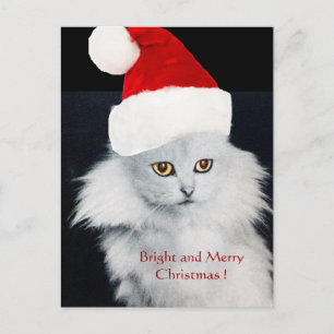 CARTES POUR FÊTES ANNUELLES CHAT DE NOËL BLANC AVEC CASQUETTE SANTA CLAUS