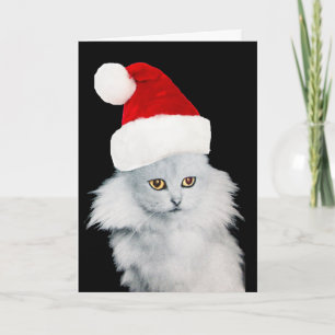 CARTES POUR FÊTES ANNUELLES CHAT DE NOËL BLANC AVEC CASQUETTE SANTA CLAUS