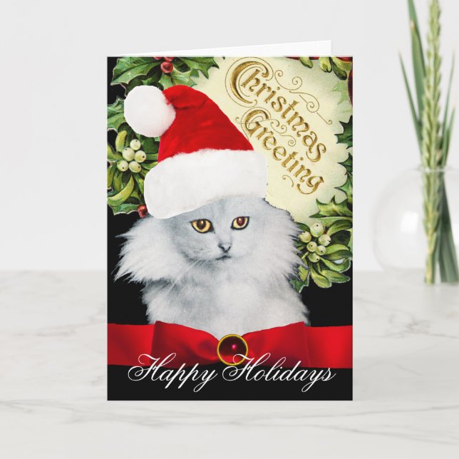 CARTES POUR FÊTES ANNUELLES CHAT DE NOËL BLANC AVEC CASQUETTE SANTA CLAUS (Devant)