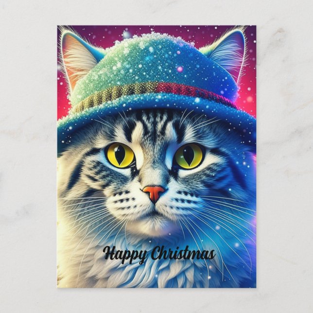 Cartes Pour Fêtes Annuelles Chat de Noël dans un Casquette - nom modifiable (Devant)