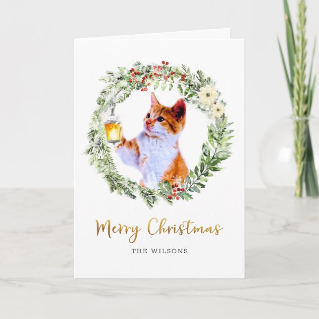 Cartes Pour Fêtes Annuelles Chat de Noël en couronne avec lanterne (Devant)