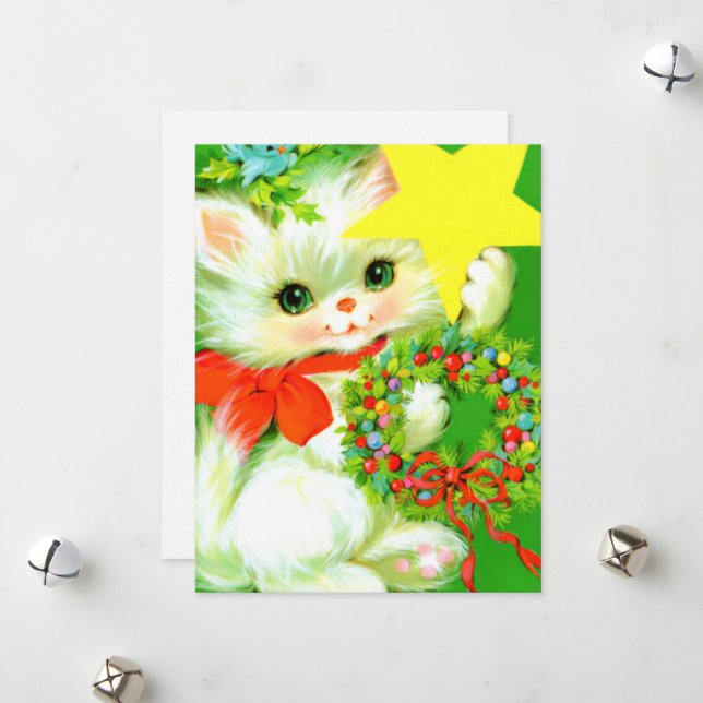 Cartes Pour Fêtes Annuelles chat de Noël rétro (Devant/Arrière en situation)