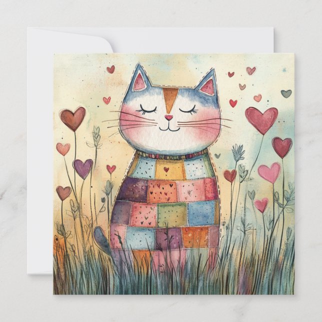 Cartes Pour Fêtes Annuelles Chat de patchwork pour la Saint-Valentin (Devant)