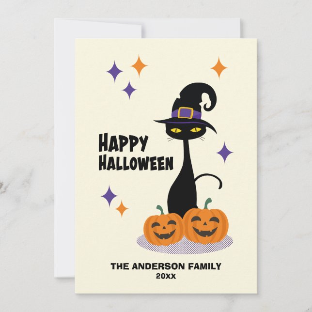 Cartes Pour Fêtes Annuelles Chat d'Halloween Atomique de Milieu de Siècle (Devant)