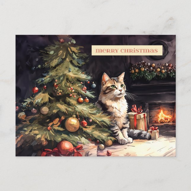 Cartes Pour Fêtes Annuelles Chat doux sous l'arbre de Noël (Devant)