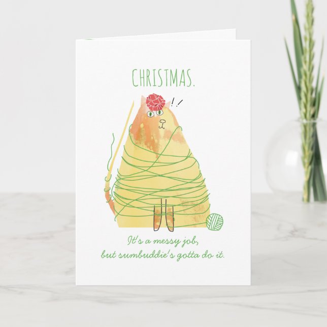 Cartes Pour Fêtes Annuelles Chat drôle fils enchevêtré tricot crochet Noël (Devant)