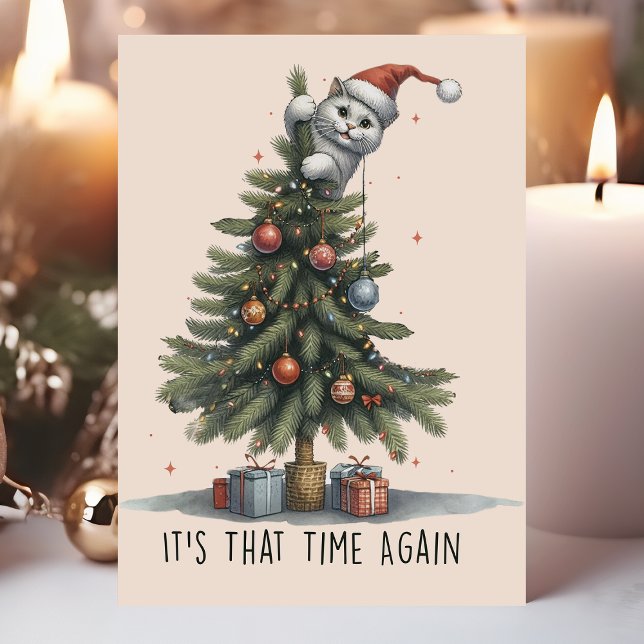 Cartes Pour Fêtes Annuelles Chat Drôle Grimpant un Arbre de Noël (Créateur téléchargé)