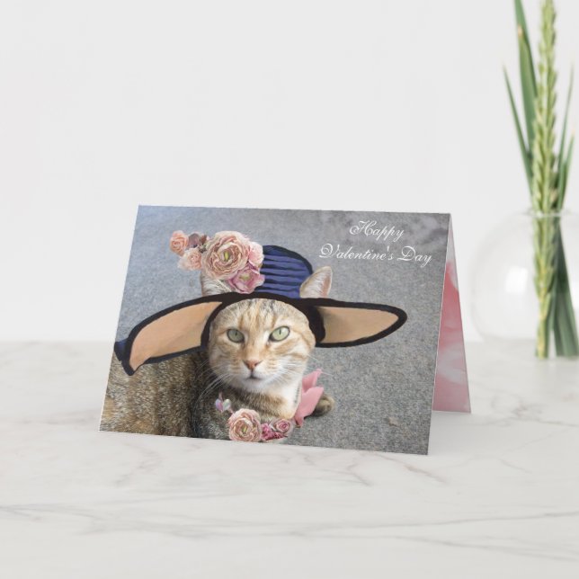 CARTES POUR FÊTES ANNUELLES CHAT ÉLÉGANT AVEC GRAND CASQUETTE DIVA, ROSES ROSE (Devant)