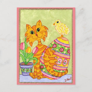 Cartes Pour Fêtes Annuelles Chat et poussin avec l'art populaire Pâques