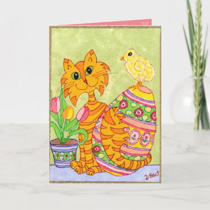 Cartes Pour Fêtes Annuelles Chat et poussin avec l'art populaire Pâques