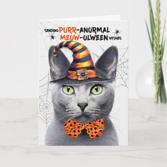 Cartes Pour Fêtes Annuelles Chat gris bleu russe PURRanormal MEOWolween (Devant)
