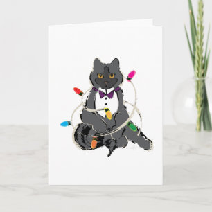 Cartes Pour Fêtes Annuelles Chat Gris Enveloppé Dans Les Lumières De Noël