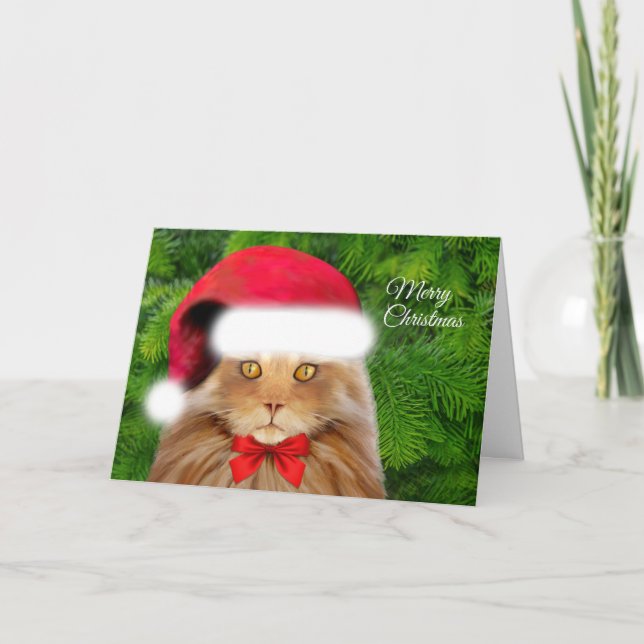 Cartes Pour Fêtes Annuelles Chat jaune à Santa Hat avec Bow (Devant)