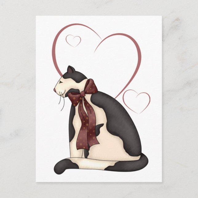 Cartes Pour Fêtes Annuelles Chat Kitty noir et blanc avec Coeurs Valentine (Devant)