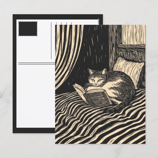 Cartes Pour Fêtes Annuelles chat lisant (Devant / Derrière)
