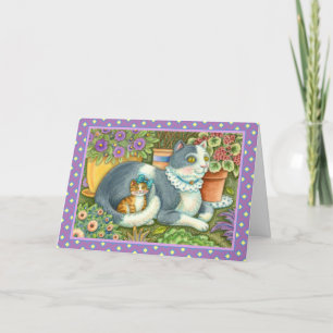 CARTES POUR FÊTES ANNUELLES CHAT MÈRE ET CUISINE, FLEURS POTÉES, BOWS & LACE