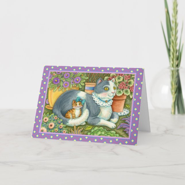 CARTES POUR FÊTES ANNUELLES CHAT MÈRE ET CUISINE, FLEURS POTÉES, BOWS & LACE (Devant)