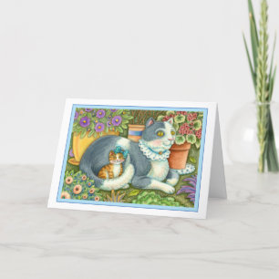 CARTES POUR FÊTES ANNUELLES CHAT MÈRE ET CUISINE, FLEURS POTÉES, BOWS & LACE