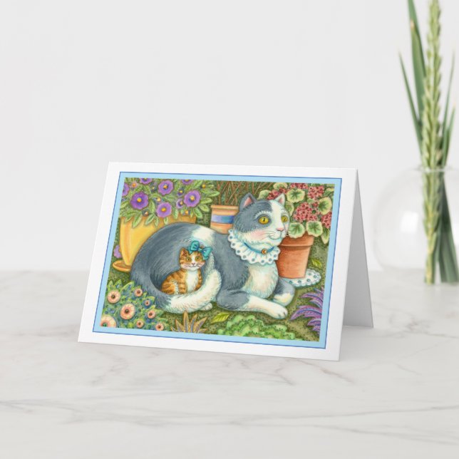 CARTES POUR FÊTES ANNUELLES CHAT MÈRE ET CUISINE, FLEURS POTÉES, BOWS & LACE (Devant)