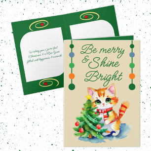 Cartes Pour Fêtes Annuelles Chat mignon et arbre de Noël être vert crème pâle