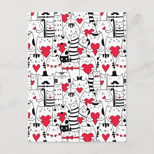 Cartes Pour Fêtes Annuelles Chat mignon noir blanc Cœur rouge (Devant)