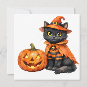 Cartes Pour Fêtes Annuelles Chat noir à l'aquarelle en costume d'Halloween
