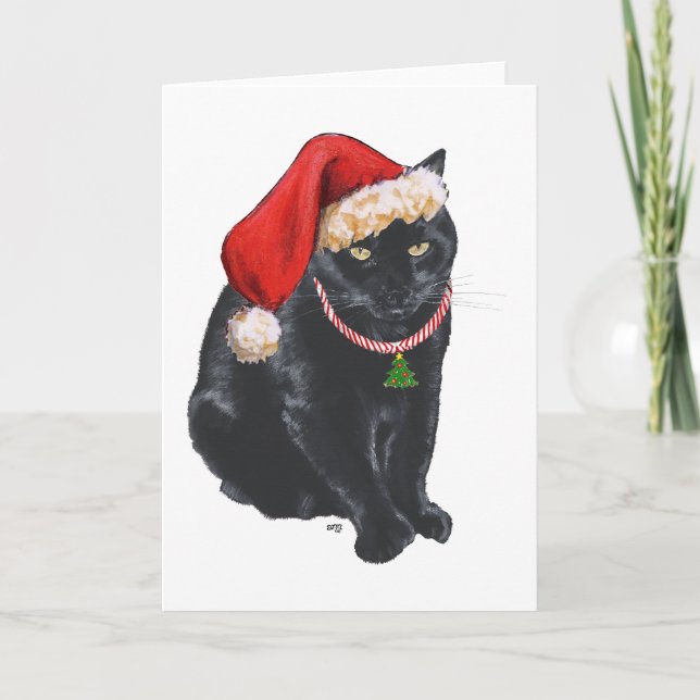 Cartes Pour Fêtes Annuelles Chat noir à Santa Hat (Devant)