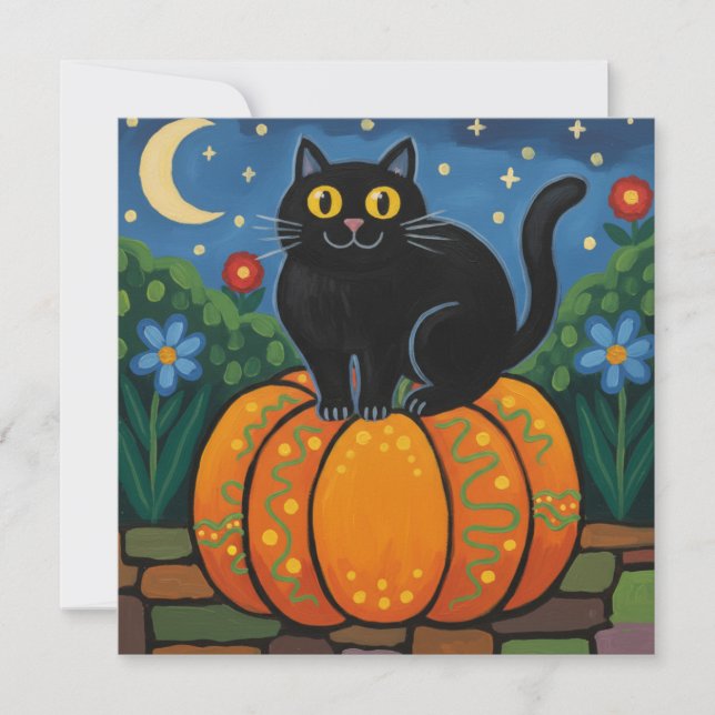 Cartes Pour Fêtes Annuelles Chat noir assis sur un Citrouille d'automne (Devant)