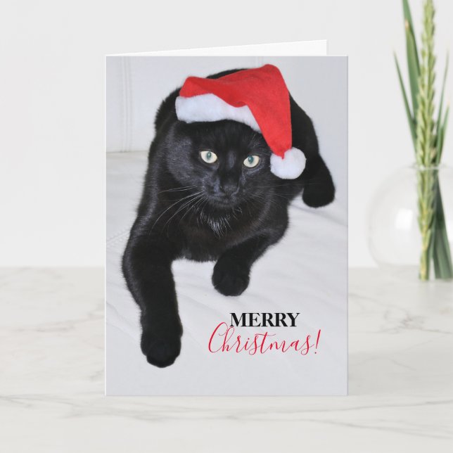 Cartes Pour Fêtes Annuelles Chat noir au chapeau rouge de Père Noël (Devant)
