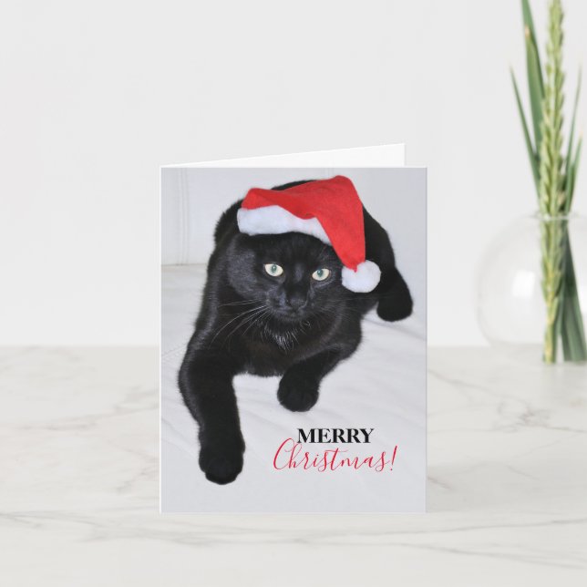 Cartes Pour Fêtes Annuelles Chat noir avec chapeau de Père Noël Rouge (Devant)