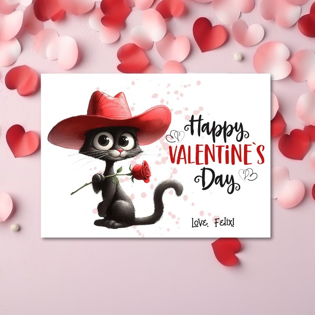 Cartes Pour Fêtes Annuelles Chat noir avec Cowboy Casquette Joyeux Valentines  (Créateur téléchargé)