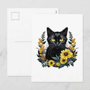 Cartes Pour Fêtes Annuelles chat noir avec des fleurs