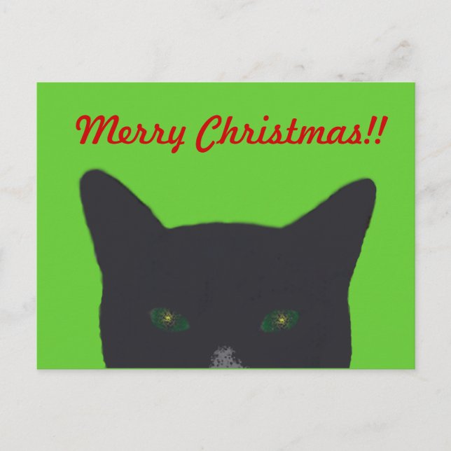 Cartes Pour Fêtes Annuelles Chat noir avec le vert, rouge "Joyeux Noël " (Devant)