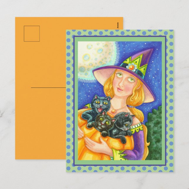 CARTES POUR FÊTES ANNUELLES CHAT NOIR CUISINES & WITCH HAPPY HALLOWEEN (Devant / Derrière)