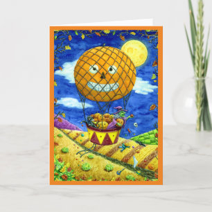 CARTES POUR FÊTES ANNUELLES CHAT NOIR DANS L'AIR CHAUD BALLON FOLK ART VERSE