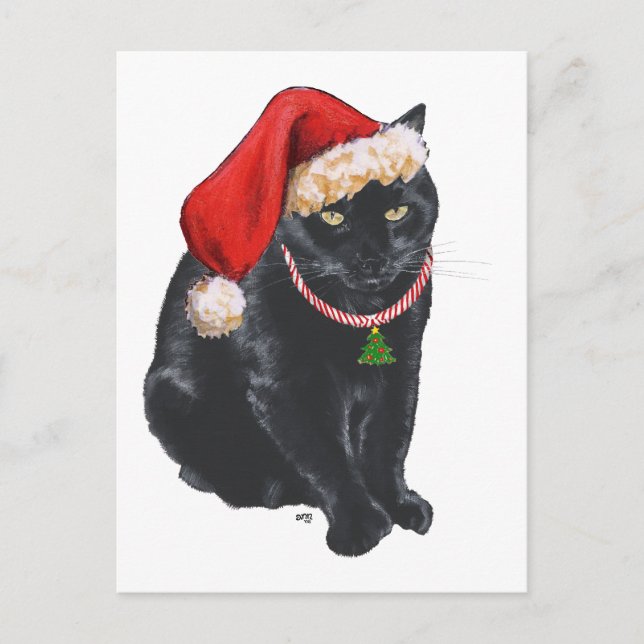 Cartes Pour Fêtes Annuelles Chat noir dans le casquette de Père Noël (Devant)